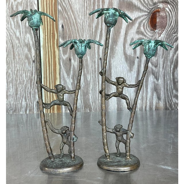 Late 20th Century Late 20th Century Vintage Coastal Palm Tree With Monkeys Candlesticks - A Pair For Sale - Image 5 of 5