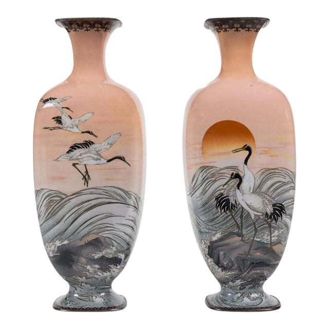 A Large Pair of Japanese Cloisonne Pink-Ground Vases Featuring Sunset and Cranes For Sale