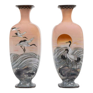 A Large Pair of Japanese Cloisonne Pink-Ground Vases Featuring Sunset and Cranes