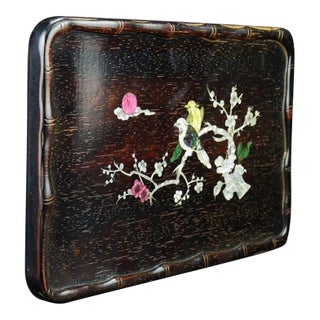 Vintage Zitan Wood Tray With Mother-of-Pearl "Magpie on Plum" Inlay For Sale