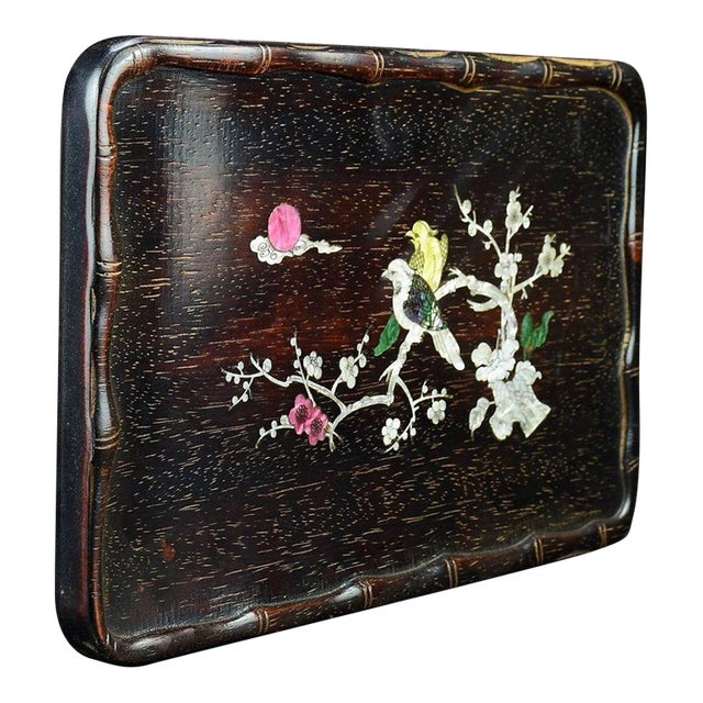 Vintage Zitan Wood Tray With Mother-of-Pearl "Magpie on Plum" Inlay For Sale