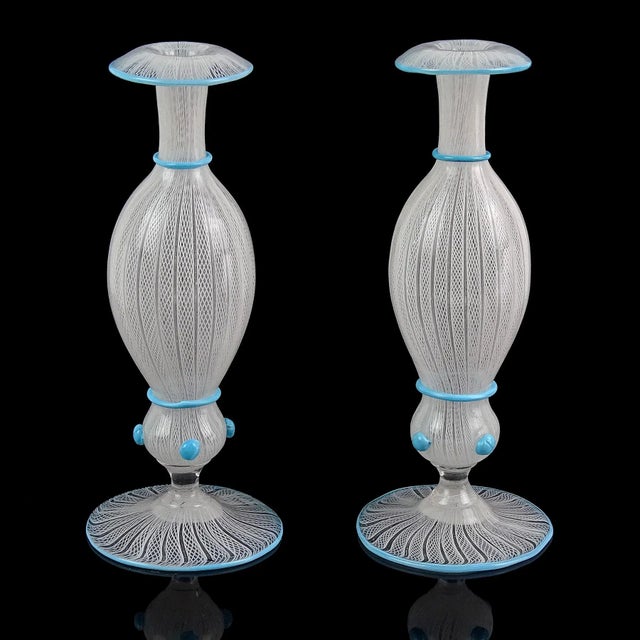 White Antique Murano White Zanfirico Ribbons Sky Blue Detals Italian Art Glass Footed Flower Vase For Sale - Image 8 of 9