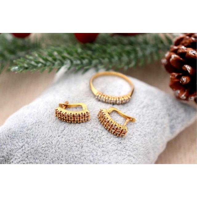Metal Earrings and Ring in 19.2k Gold with Diamonds, Set of 3 For Sale - Image 7 of 7