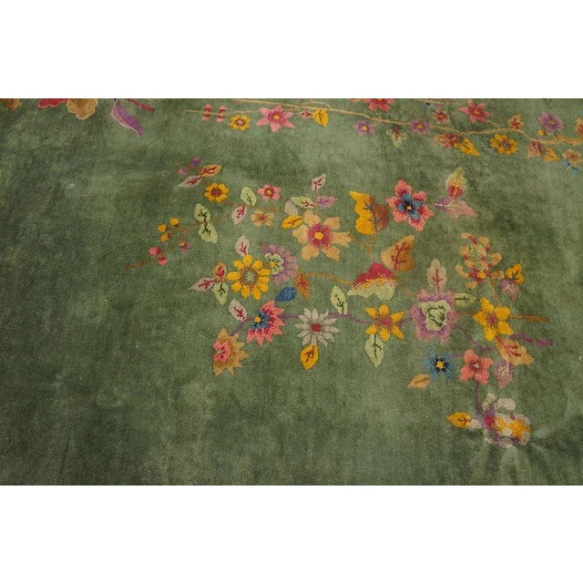 1920s Green Floral Bamboo Antique Chinese Art Deco Carpet 7' 10'' X 9' 7'' Knotted Wool Rug For Sale - Image 4 of 11