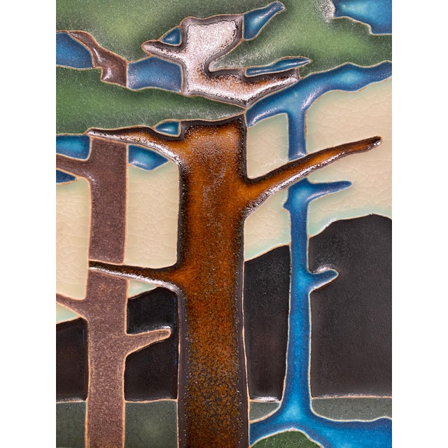 Motawi Tileworks Tile Triptych "Pine Landscape" in Dard Hunter Oak Frame For Sale - Image 9 of 13