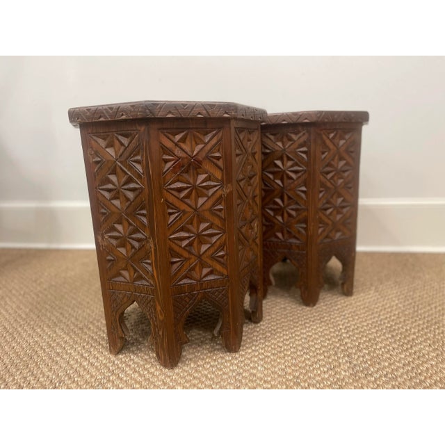 Octagon Moroccan Carved Wooden Side Tables- Pair WithGlass For Sale - Image 4 of 12