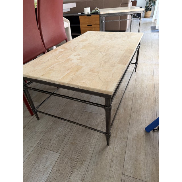 2010s Premium Ethan Allen Vida Fossilized Stone-Top Coffee Table (138340s) in Paris Iron For Sale - Image 5 of 6