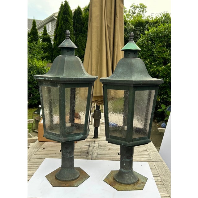 Vintage 1950s Outdoor Copper Post Lanterns - a Pair For Sale - Image 4 of 12