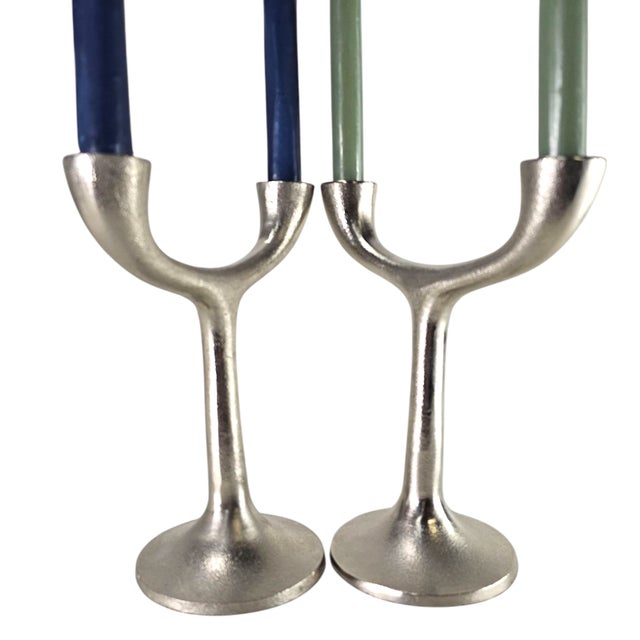 Late 20th Century Crate & Barrel Danish Modern Candelabras in Silver Minimalist, Brutalist 9.5" For Sale - Image 5 of 11