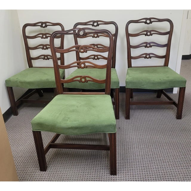 19th C. Georgian Set of 4 Pierced Ladder Back and Suede Leather Upholstered Dining Chairs For Sale - Image 9 of 11