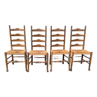 Vintage Set of Four Colonial-Style Ladderback Dining Chairs With Rush Seats | Farmhouse, Shaker, French Country Style For Sale