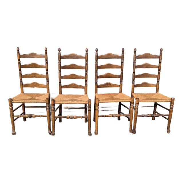 Vintage Set of Four Colonial-Style Ladderback Dining Chairs With Rush Seats | Farmhouse, Shaker, French Country Style For Sale