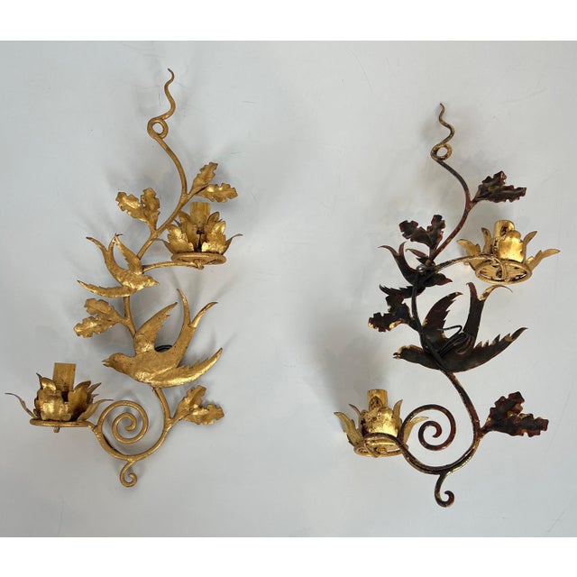 1970s French gilded metal bird wall sconces in the style of Maison Baguès - a Pair For Sale - Image 11 of 12