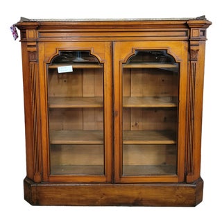 Early 20th Century Walnut Glazed Door Bookcase With Fluted Pilasters With Brass Gallery Top For Sale