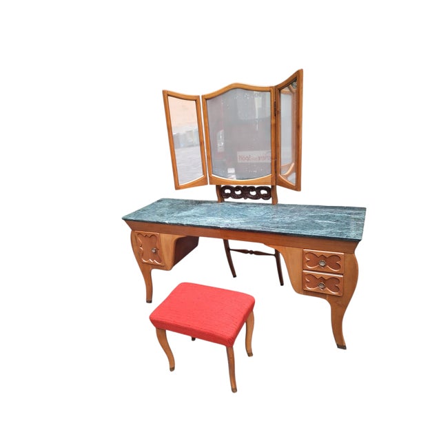 Vintage Mirrored Dressing Table with Marble Top and Stool by Mario Cereghini, 1940s, Set of 2, in Very Good conditions....