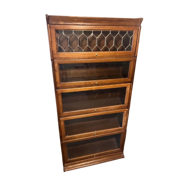 Late 20th Century Oak Barrister Leaded Top 5 Stack Bookcase For Sale - Image 4 of 17