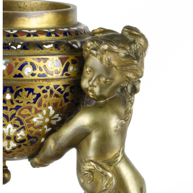 Late 19th Century Napoléon III Gilt Bronze Sculpture of Putti and Champlevé Bowl With Marble Base, France For Sale - Image 6 of 9