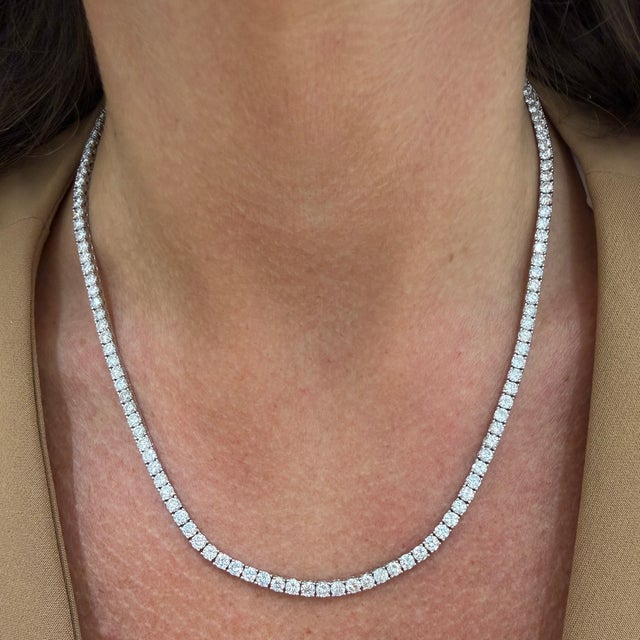 Silver 14k White Gold 14.44ct Round Diamond 4 Prongs Matinee Chain Tennis Necklace For Sale - Image 8 of 8