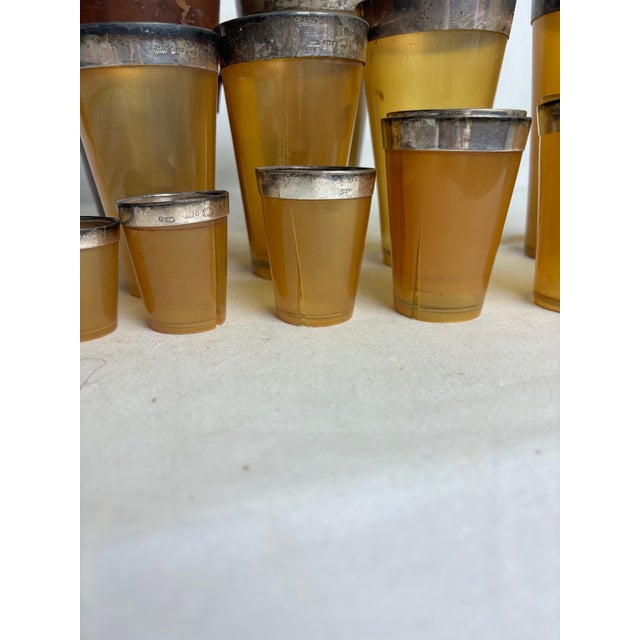 13 pc set of damaged antique English sterling and horn cups with glass bottoms and leather holder (see condition notes and...