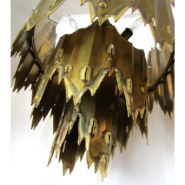 Metal 1970s Mid Century Modern Tom Greene Torch Cut Brass Brutalist Chandeliers - a Pair For Sale - Image 7 of 18
