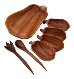 Vintage Monkeypod Salad Serving Bowl Set Pear Shaped Salad Set