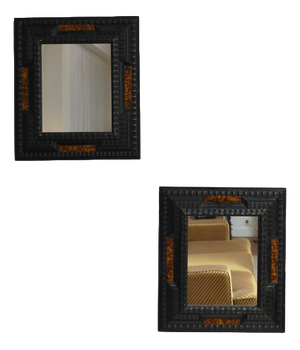 Carved Ebonised Wood and Trompe l'Oeil Turshell Mirrors, 19th Century, Set of 2