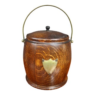 Antique English Oak Biscuit Barrel With Porcelain Liner For Sale