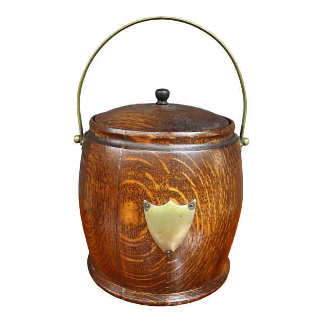 Antique English Oak Biscuit Barrel With Porcelain Liner For Sale
