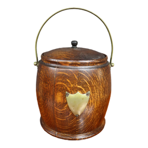 Antique English Oak Biscuit Barrel With Porcelain Liner
