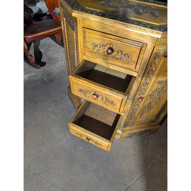 Light Yellow Mid 20th Century Hand-Carved Peacock Corner Cabinet – Boho Indian Style Storage Hutch For Sale - Image 8 of 11