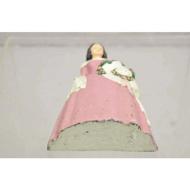 Pink Antique Victorian Tall Cast Iron Painted Figural Woman Pink Dress Door Stop For Sale - Image 8 of 10