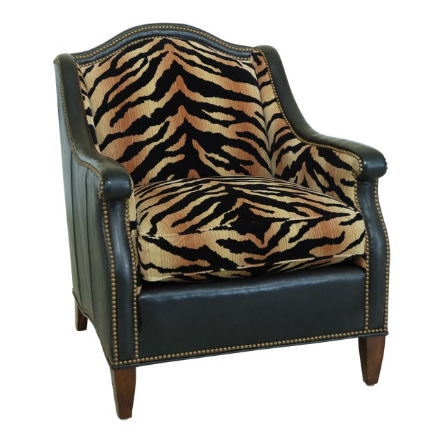 Tiger Print Upholstery & Leather Chair W. Tack Head Trim Chairish