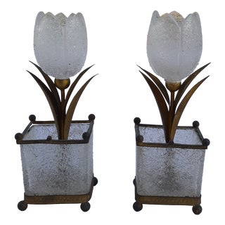 Decorative Elements in Frosted Glass and Brass, 1900, Set of 2 For Sale