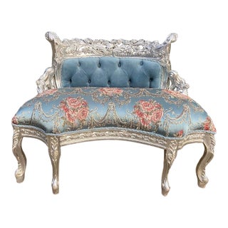 1970s French Louis XVI Baby Blue Damask Silver Beech Settee For Sale
