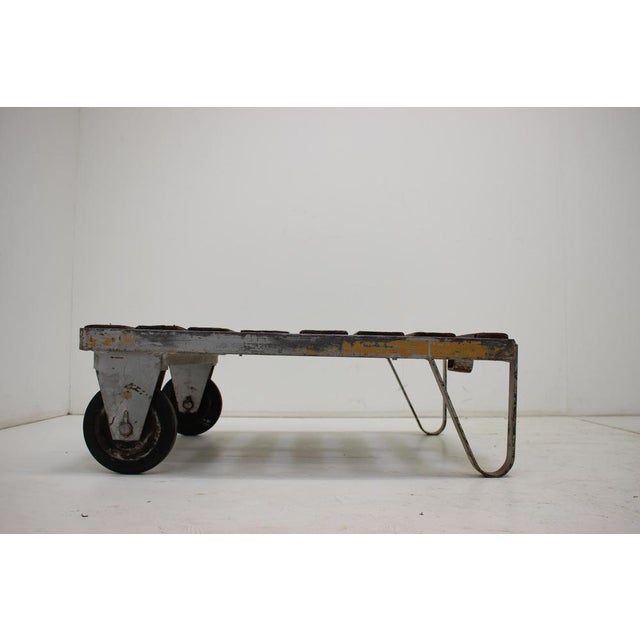 Industrial Vintage Industrial Cart in Metal and Wood, Czechoslovakia, 1950s For Sale - Image 3 of 9