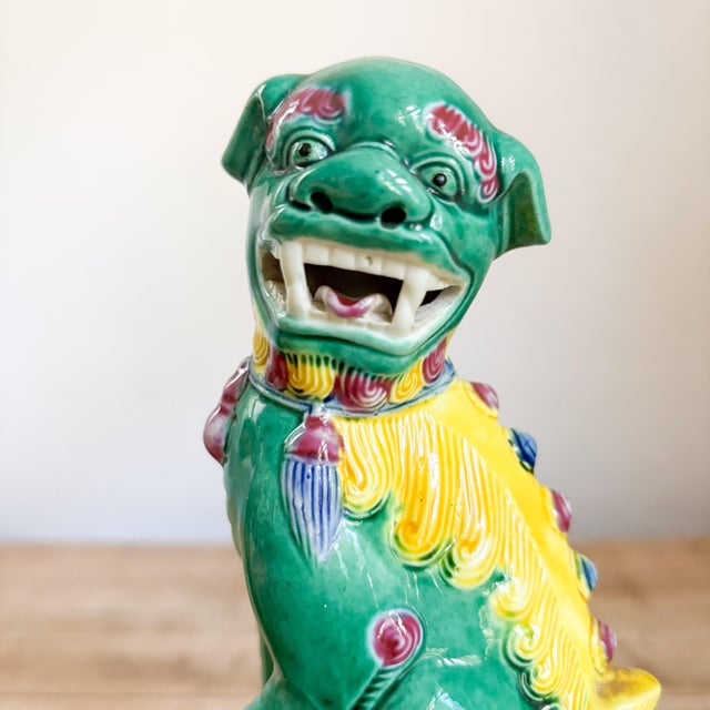 Antique Famille Verte Style Ceramic Foo Dog Pair: Green, Yellow and Brown Glazed Asian Figurines For Sale - Image 4 of 11