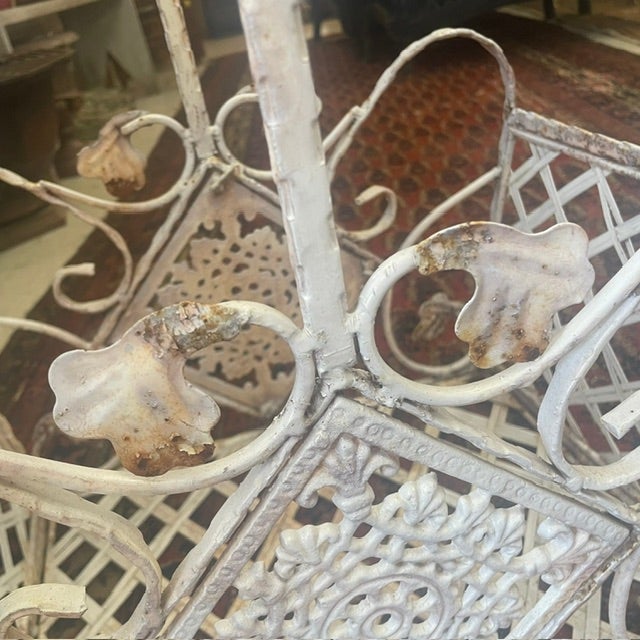 Vintage Victorian French Style White Iron / Lattice Rectangle Basket W/ Leaves/Tiles & Fixed Handle For Sale - Image 17 of 18