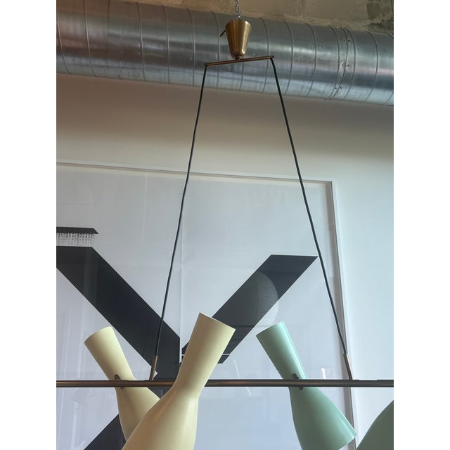 1950s Rare Stilnovo Linear Chandelier in Brass With Green and Yellow Shades For Sale - Image 12 of 13