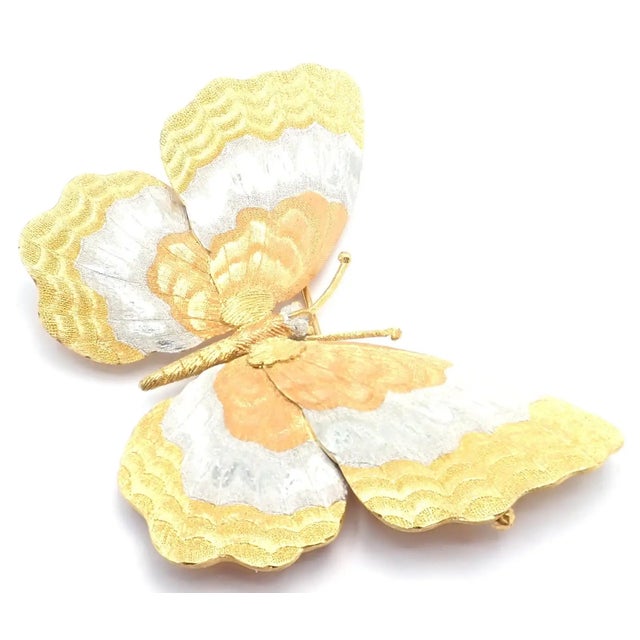 18k Yellow, White and Rose Gold Large Butterfly Brooch Pin by Buccellati. The butterfly wings showcase intricate hand-...