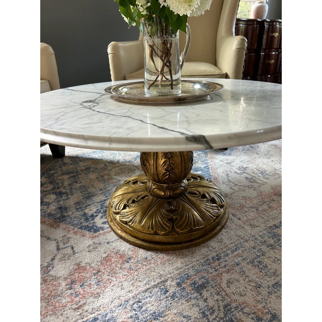 1960s Conmar Italian Hollywood Regency Coffee Table With Carrara Marble Top | Hand-Carved Giltwood Acanthus Pedestal | Made in Italy For Sale - Image 14 of 15