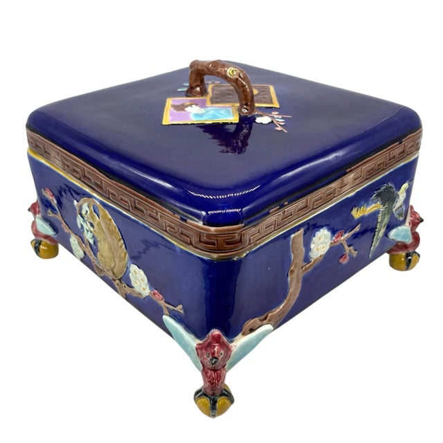 J. Holdcroft Majolica Japonisme Cobalt Box & Cover, Signed, English Ca. 1880 For Sale - Image 13 of 13