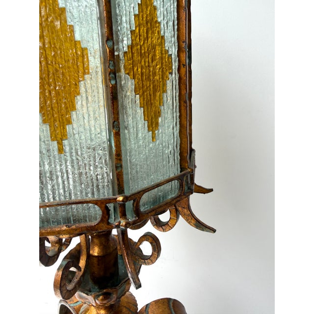 Large Mid-Century Modern table or floor lantern lamp hammered glass and wrought iron, gilding gold copper patina, by the...