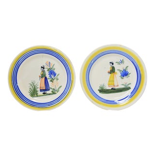 1990s Henriot Quimper Petit Breton Primitive French Faïence Figural Plates, Set of 2 For Sale
