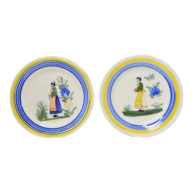 1990s Henriot Quimper Petit Breton Primitive French Faïence Figural Plates, Set of 2 For Sale