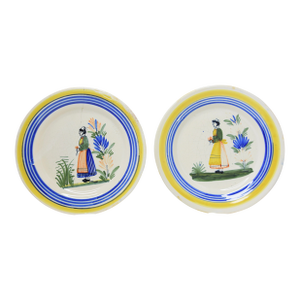 Antique Henriot Quimper Petit Breton Primitive French Faïence Figural Plates, Set of 2