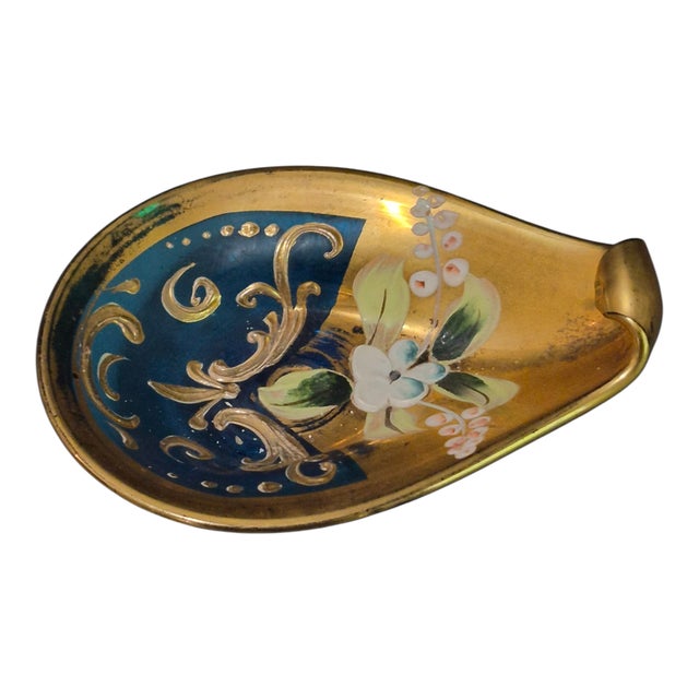 Vintage Bohemian Art Glass Gilded Hand Painted Enamel Floral Trinket Holder For Sale - Image 6 of 6