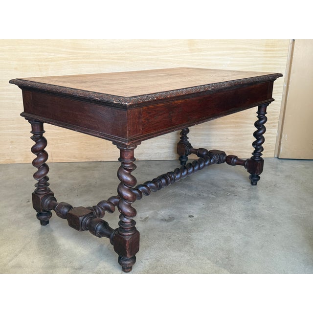 19th Spanish Walnut Desk or Console Table With Two Drawers & Solomonic Legs For Sale - Image 10 of 12