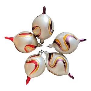 Mid 20th Century European Purple Red Gold & Silver Hand Decorated Holiday Christmas Tree Glass Ornaments- 5 Piece Set