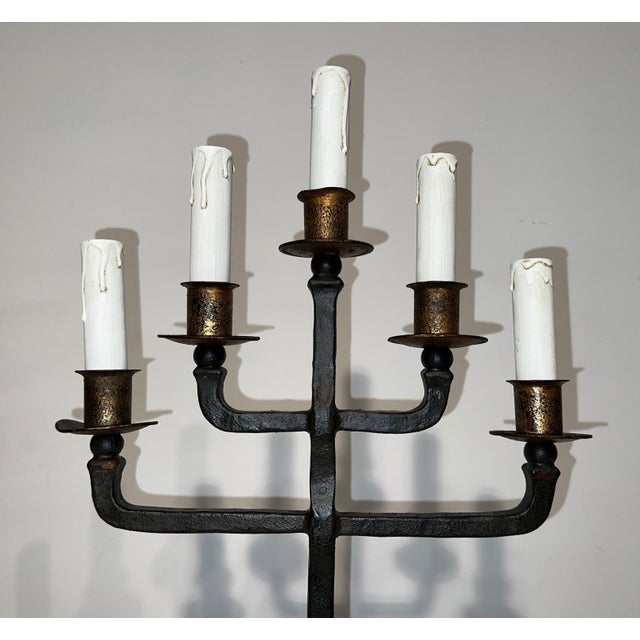 Metal 1940s Pair of 5-arm wrought iron candelabras For Sale - Image 7 of 12