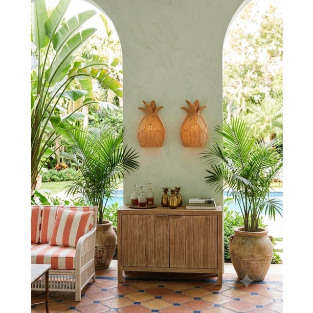 Champagne Pair of Vintage Palm Beach Style Woven Rattan Pineapple Wall Sconces For Sale - Image 8 of 11